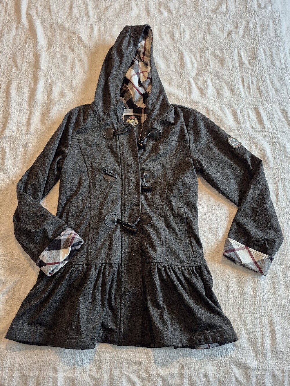 Whykid World girls 140 or 10 gray duffle peplum jacket fall/spring weight VGUC